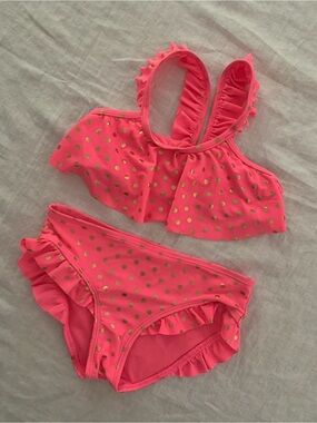 Hula Star Pink &  Gold Polka Dot Ruffle Toddler Girl  Bikini 5T VGUC
